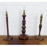 Chinoiserie table lamp base and two wooden table lamp bases, (3)