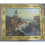 Late 19th century Continental novelty painting with automaton musical clock, with a river and