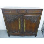 An oak cabinet with three drawers above a pair of floral carved doors, 123 x 130cm