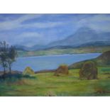 Fay Clark, Haystacks on the shore of Loch Ewe, oil on panel, framed under glass, 23 x 18cm