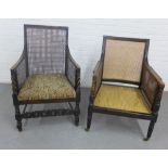 Two early 20th century oak framed Bergere chairs, 96 x 60cm (2)