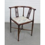 Mahogany and inlaid corner chair with upholstered seat, 70 x 63cm