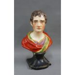 19th century English pearlware bust of Sir Isaac Newton, on a black glazed socle base, 23cm high (