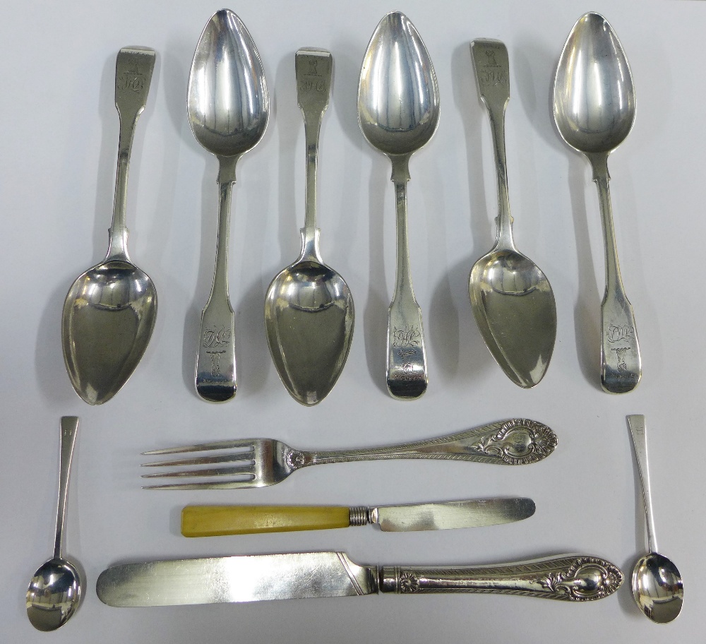 Set of six 19th century silver spoons, fiddle pattern with engraved motto 'Sicker' and fist and