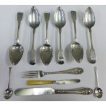 Set of six 19th century silver spoons, fiddle pattern with engraved motto 'Sicker' and fist and
