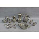 Quantity of pewter to include jugs, tappit hen, porringer and spoons, etc, (a lot)