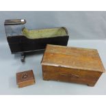 19th century stained pine rocking crib, 52cm long, workbox and another smaller (3)