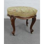 19th century mahogany stool with cabriole legs and tapestry upholstered top, on ceramic castors,