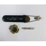 White metal pencil and cover, Victorian mourning locket with revolving glazed panel and a papier