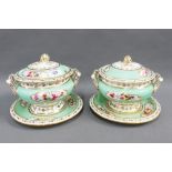 Pair of 19th century tureens, with floral pattern and pale green ground, complete with the covers