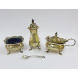 George V silver condiment set comprising pepper, salt and mustard with blue glass liners, Birmingham