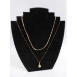 9ct gold foxtail link necklace together with a 9ct gold box link chain with a faux pearl pendant, (