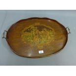 Mahogany oval tray, inlaid with figures, with two brass handles, (a/f) 62 x 43cm