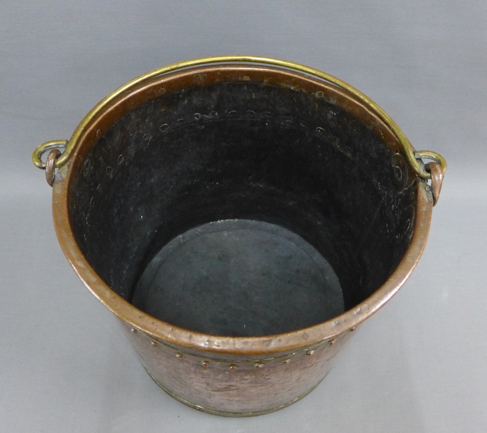 Early 19th century Dutch copper and brass milk pail, with cylindrical body and riveted seams and - Image 3 of 3