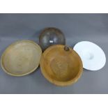 Collection of various wooden bowls and a white glass bowl, largest 45cm diameter, (4)