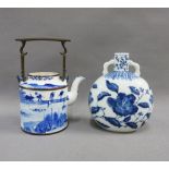Chinese blue and white wine pot / teapot, with a bronze handle, (cover lacking) together with a