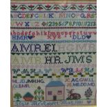 Alphabet sampler, worked by Elsie McRobert 1881, in giltwood frame, 40 x 50cm