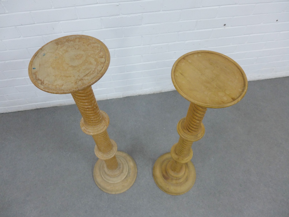 Two pine pedestal columns with circular tops and spiral stems, tallest 101cm (2) - Image 2 of 2