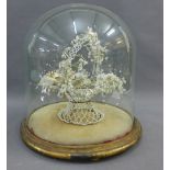 19th century French shell and wire basket display contained within a glass dome with circular