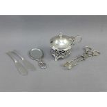 Silver items to include a Birmingham silver pierced mustard with blue glass liner, silver sugar