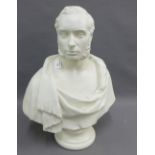 Painted plaster bust of a Gentleman in the Roman style, on a socle base, 72cm high