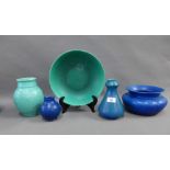 A collection of Pilkington Royal Lancastrian green and blue glazed pottery to include a vase with