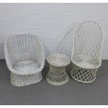 Vintage white painted bamboo garden chair and matching side table, together with a smaller basket