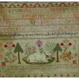 19th century alphabet sampler, worked by Margaret, aged 9 years 1881, framed, 42 x 42cm