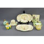 Collection of Art Deco pottery to include Clarice Cliff jam pot and cover, various honey pots and