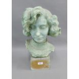 Painted plaster head and shoulders bust of a Lady, on a wooden plinth base, height overall 50cm