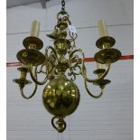 Dutch style brass chandelier with knop stem and five scrolling branches together with another