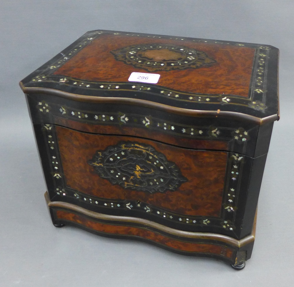 19th century burr walnut, brass and abalone inlaid decanter box, with a hinged top and fold out - Image 2 of 4
