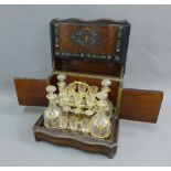 19th century burr walnut, brass and abalone inlaid decanter box, with a hinged top and fold out