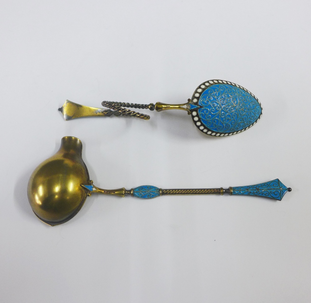 Norwegian style silver gilt and enamel spoon with a looped stem together with a matching ladle, both - Image 2 of 3