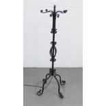 Black painted wrought iron standard lamp base, 155cm