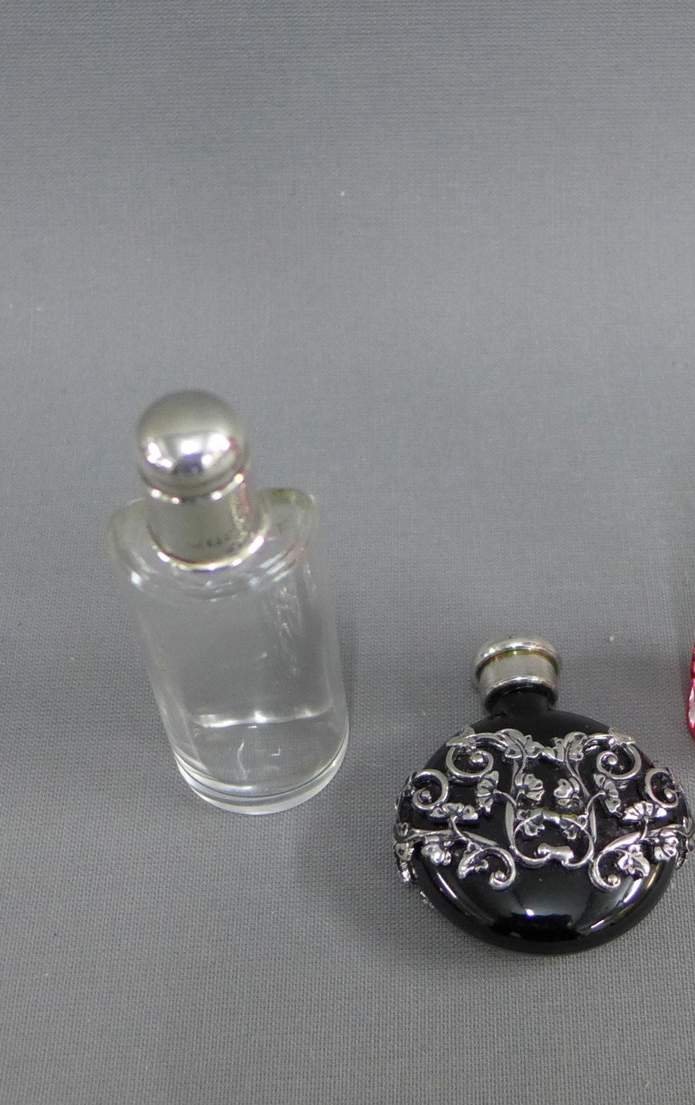 Ruby flashed glass scent bottle with white metal top together with two others tallest 12cm (3) - Image 2 of 3