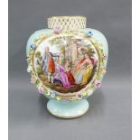 Continental porcelain vase with a handpainted panels with figures and opposing view with flowers,