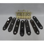 Set of six vintage door finger plates and a Gothic style brass pipe stand, (7)