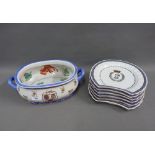 Set of six chinoiserie armorial plates with an oval tureen / serving dish, (7)