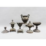 Six various bronze vase and pounce pots and a candlesticks, tallest 11cm (6)