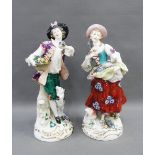 Pair of Flower Seller male and female porcelain figures, with gold anchor backstamps, tallest