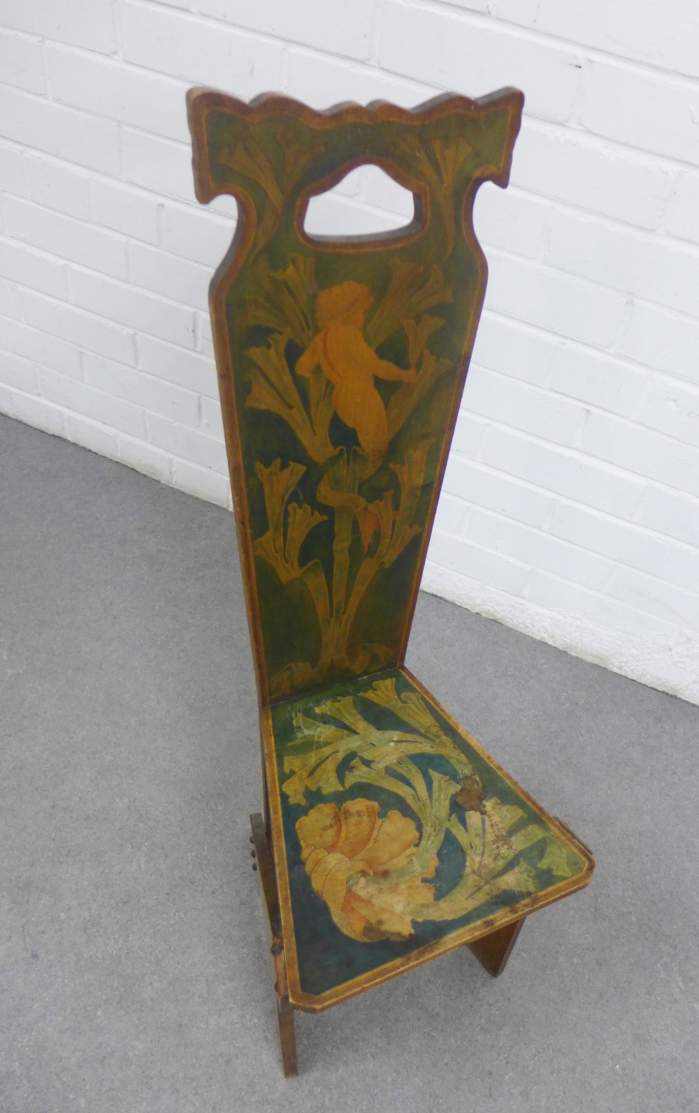 Glasgow style penwork Mermaid pattern chair, with sloped back and shaped supports, 86 x 31cm - Image 2 of 3