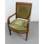 French Empire style mahogany framed open armchair with upholstered back and seat, 92 x 58cm (a/f)