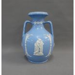 Dudson blue glazed vase with handles to side and with classical figures and flowers, impressed
