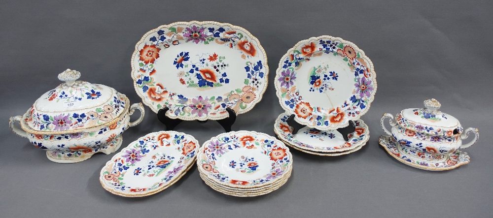 19th century Staffordshire table wares to include ashets, tureens and plates, (a lot) (a/f)