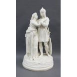 Parian figure group of a Knight and a Maiden, on oval base, 46cm high