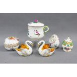 Dresden porcelain trinket jars, Paragon miniature jar and cover, a pair of Limoges salts and a