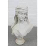 White painted faux stoneware bust of a Maiden, on a socle base, 64cm high