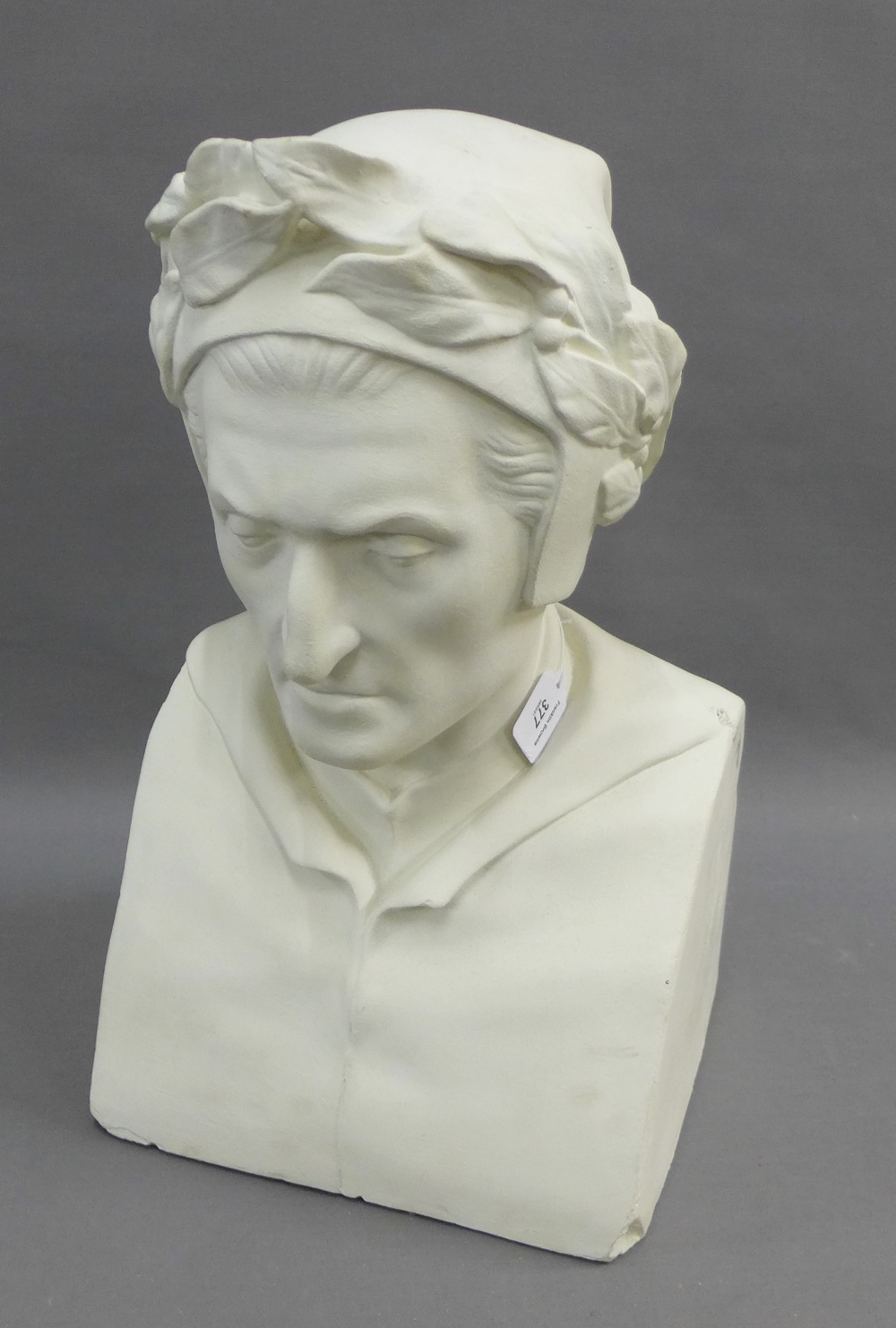 Painted plaster bust of Dante, wearing a cap with laurel wreath, 55cm high