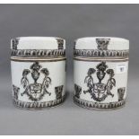 Pair of chinoiserie jar and covers, black and white pattern, 17cm high